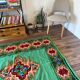 Tapis flatwoven roumain design géométrique sur fond turquoise vert, 158x185 cm