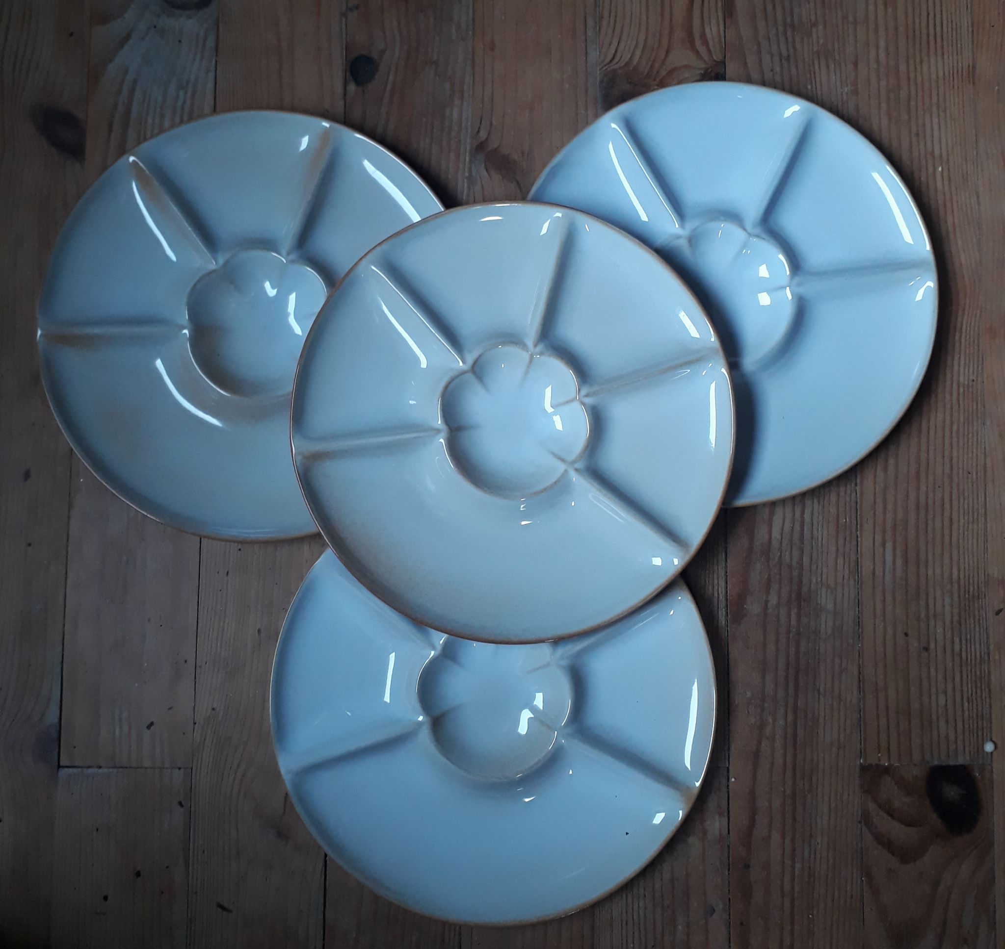 set of 4 compartmentalized fondue plates, white glazed stoneware - de Montgolfier / France