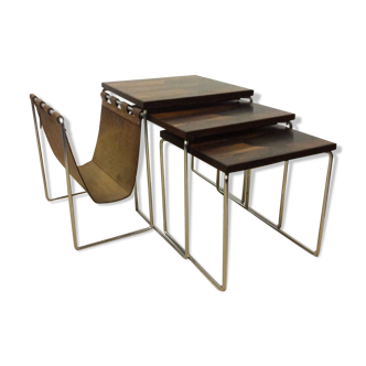 Tables basses gigognes en palissandre de Rio chrome  et range magazine cuir vintage 1970