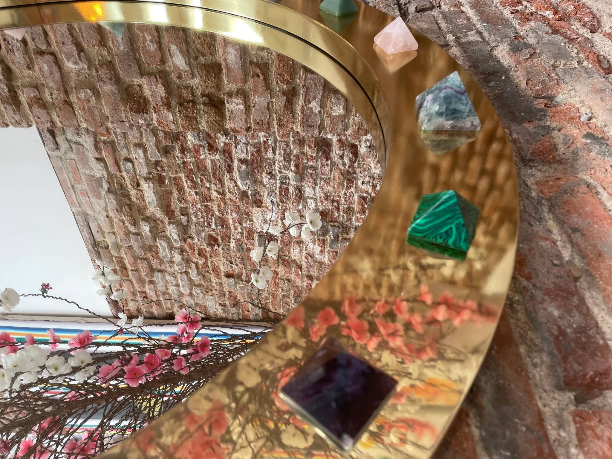 Modern Circular Mirror with Brass Frame and Semi-Precious Stone