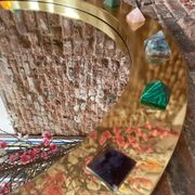 Modern Circular Mirror with Brass Frame and Semi-Precious Stone