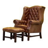 Brown leather chesterfield wing chair with Ottoman