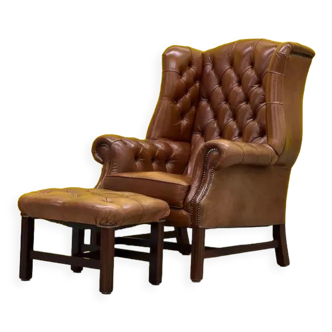 Brown leather chesterfield wing chair with Ottoman