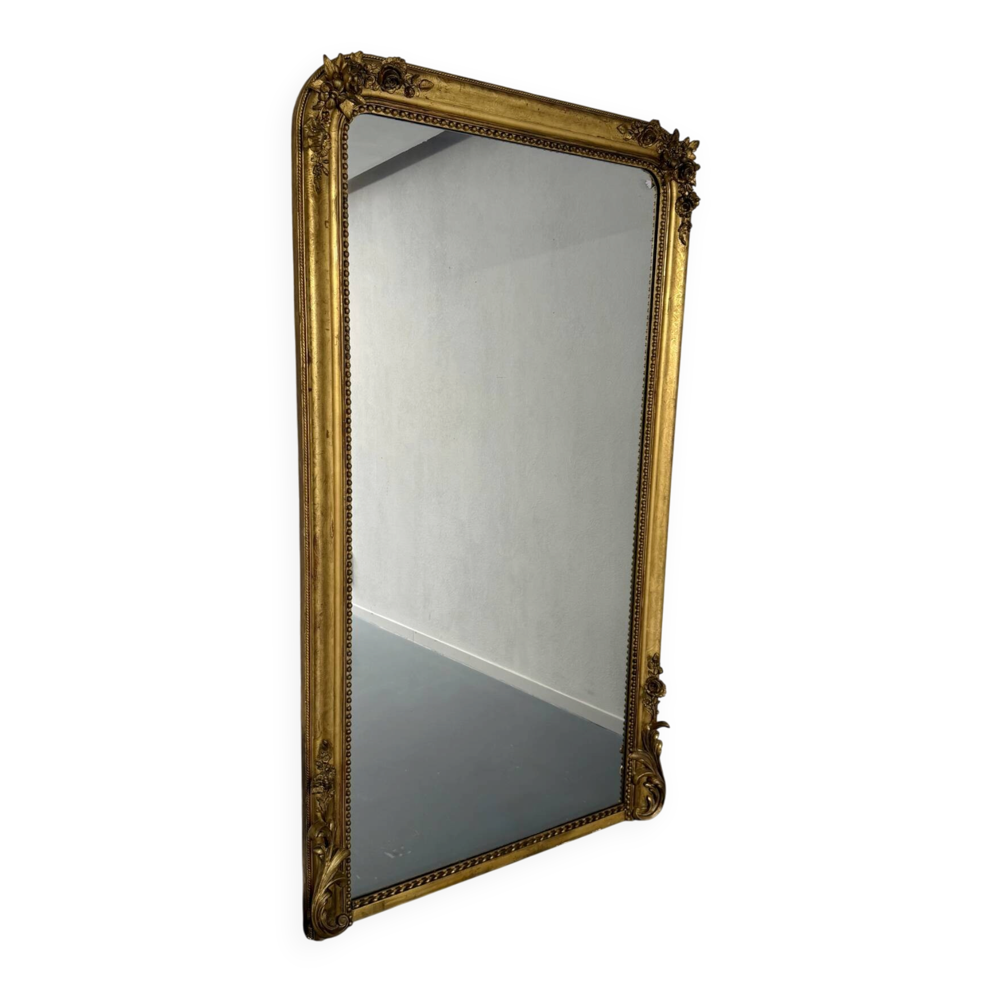 Large Napoleon III mirror with wooden gilded frame, 19th century, 200 cm.