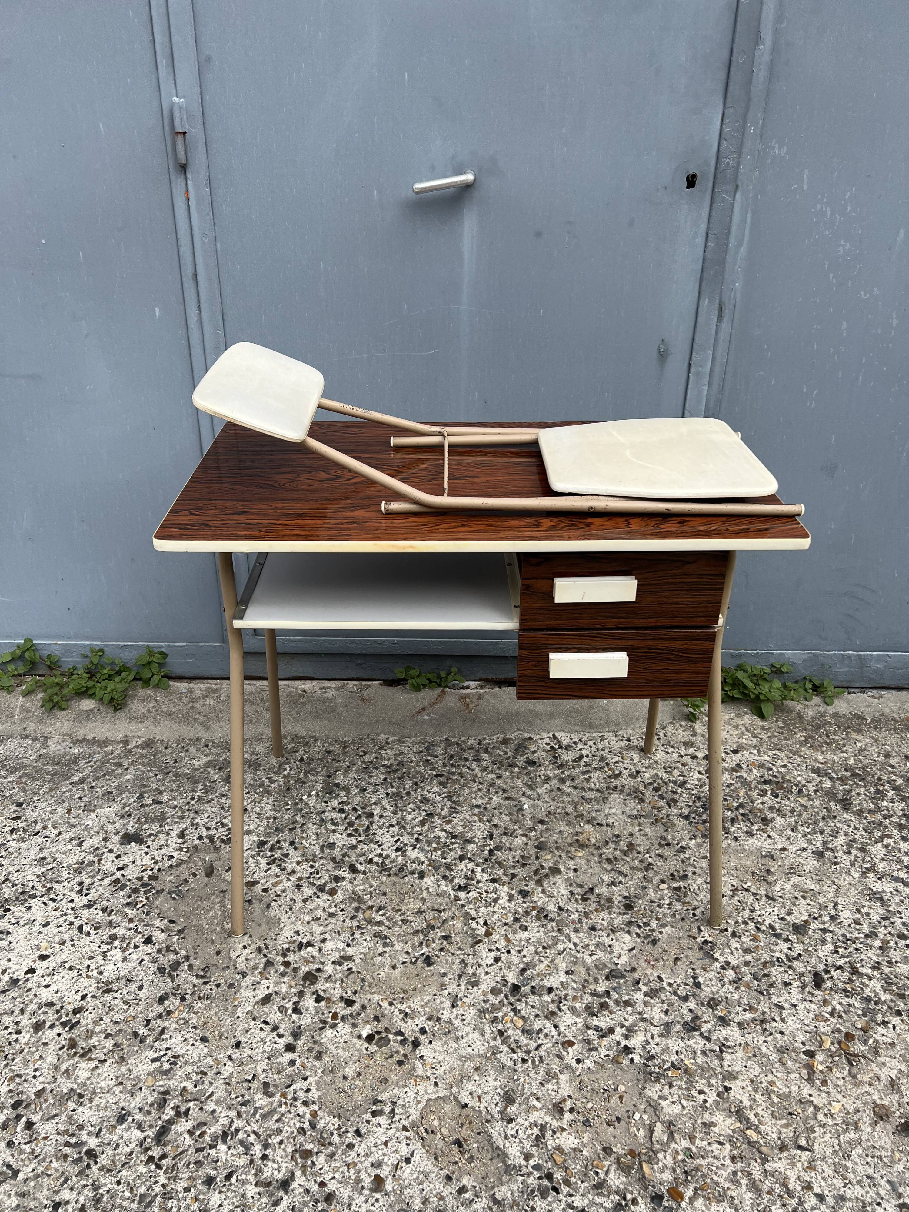 Small vintage desk with formica drawers and 70s chair