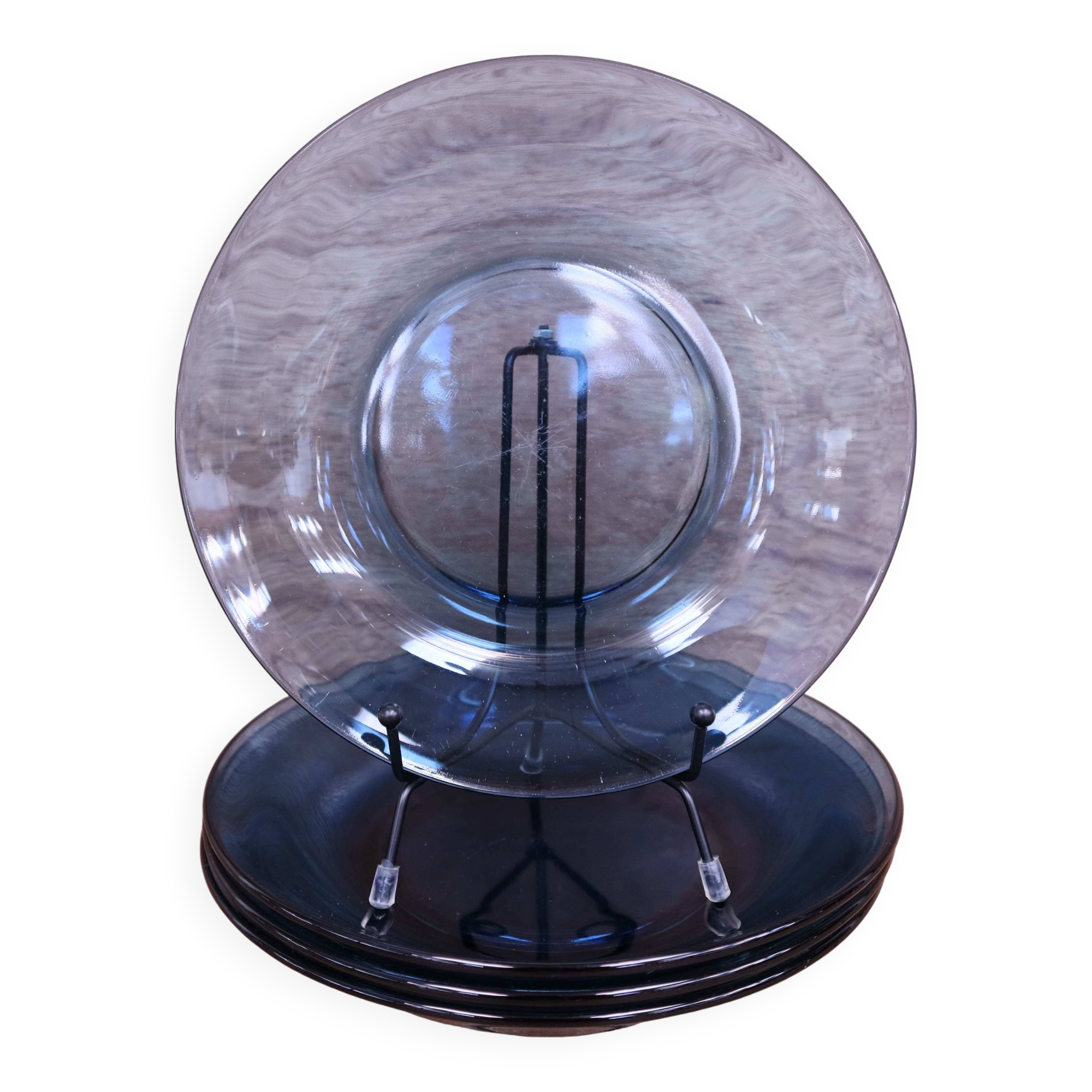 4 vintage blue tempered glass soup plates Vereco France