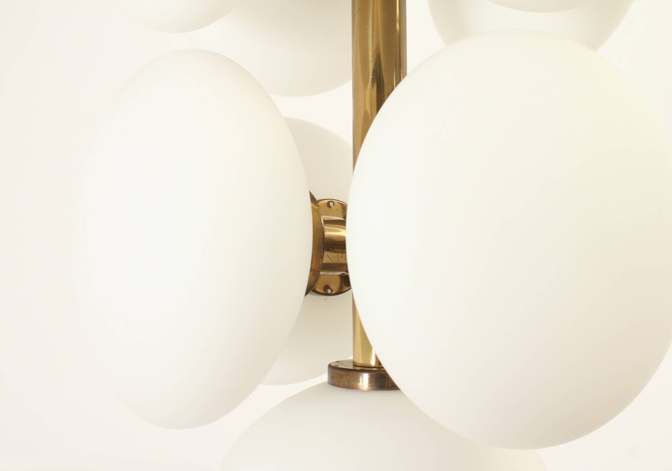 Brass and opaline Sputnik chandelier by Kaiser Leuchten, Germany, 1960s.