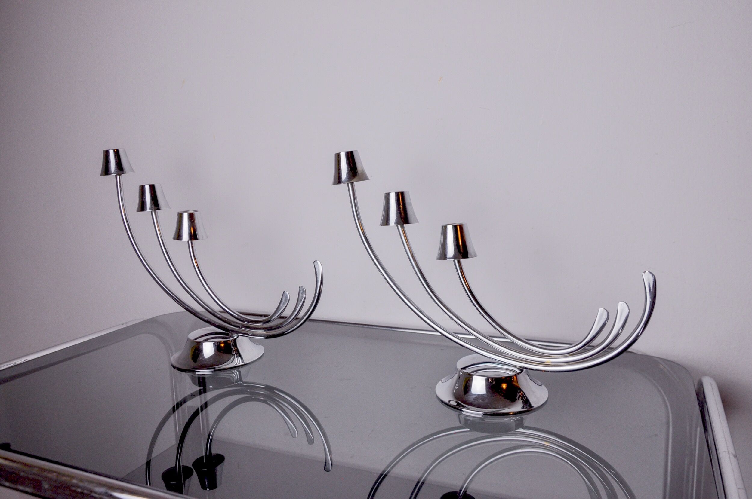 Pair of art deco candlesticks in stainless steel 3 flames, Spain, 1970