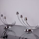 Pair of art deco candlesticks in stainless steel 3 flames, Spain, 1970