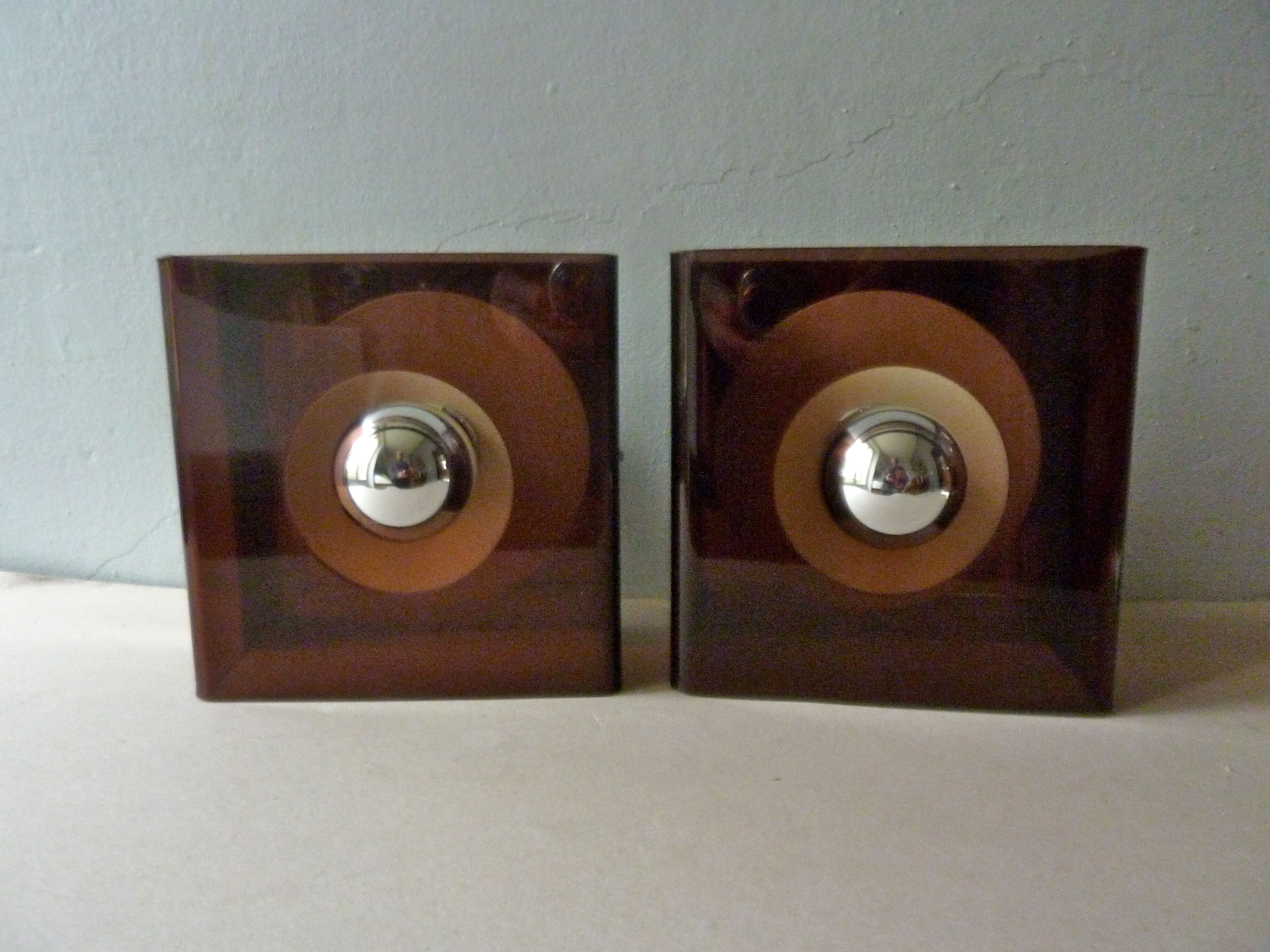 Pair of chromed metal and smoked plexiglass of the 1970s