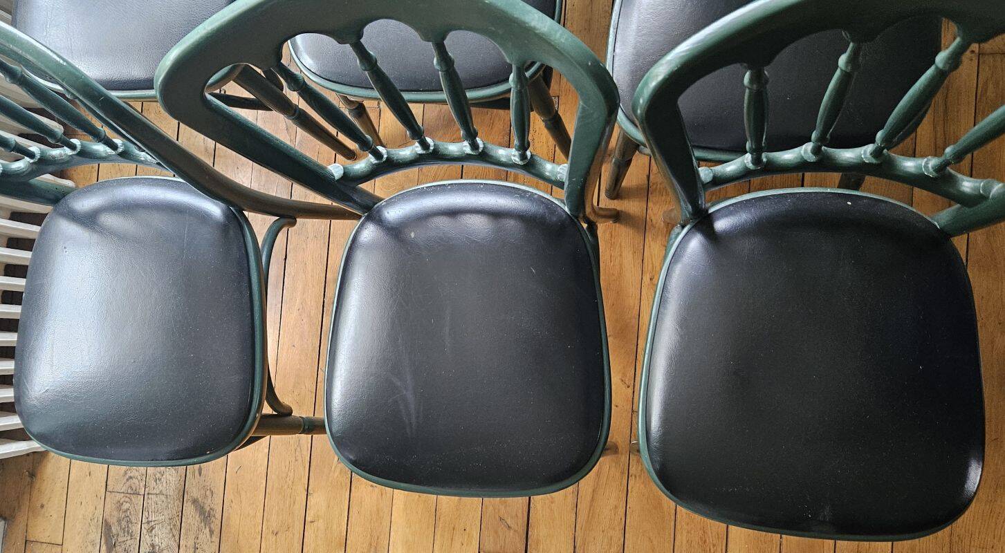 Set of 6 english green bistro chairs and black leatherette seat