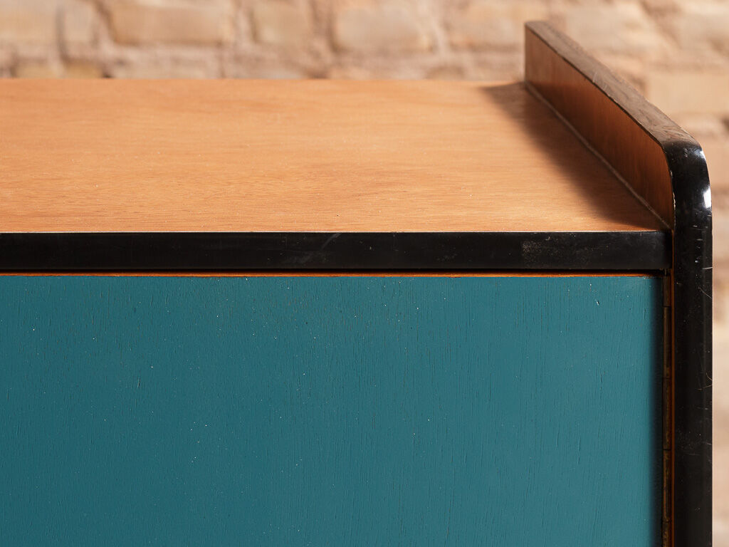 Vintage low sideboard restyled in blue with 2 swing doors and wooden base