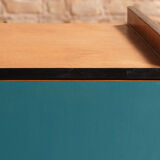 Vintage low sideboard restyled in blue with 2 swing doors and wooden base