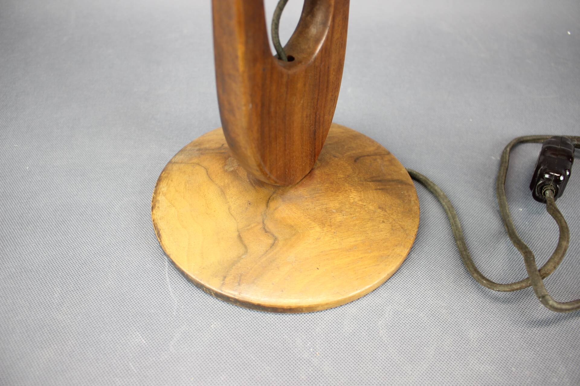 Mid-century adjustable wooden table lamp with checked shade, Czechoslovakia