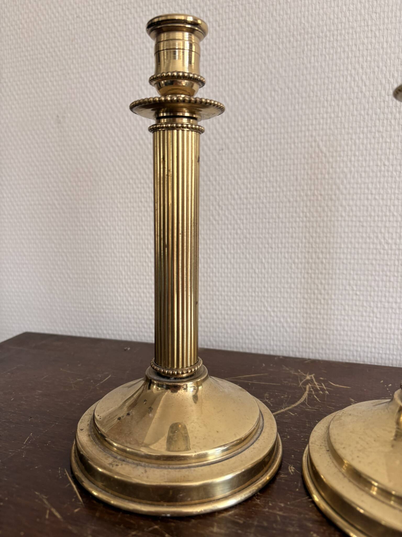 Antique Pair of Gilded Brass Candle Holders Empire Column Louis XVI Villedieu