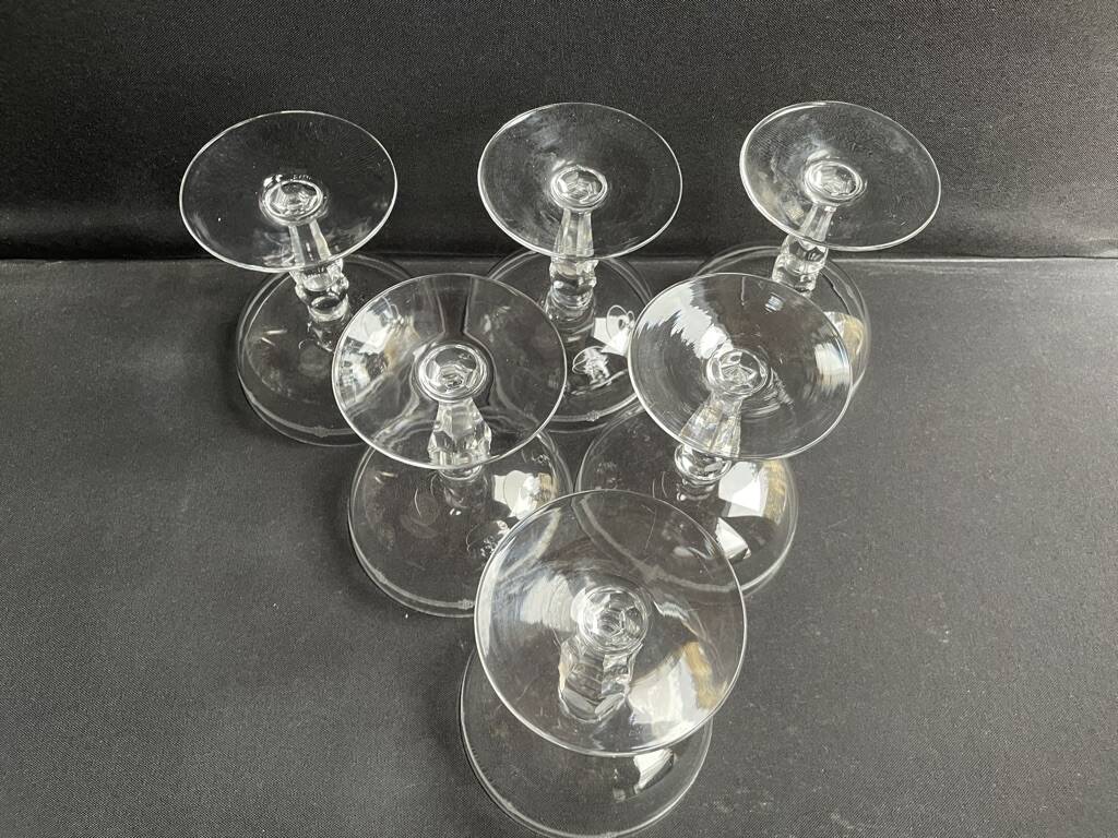 6 champagne glasses in light blown, cut and guilloché crystal