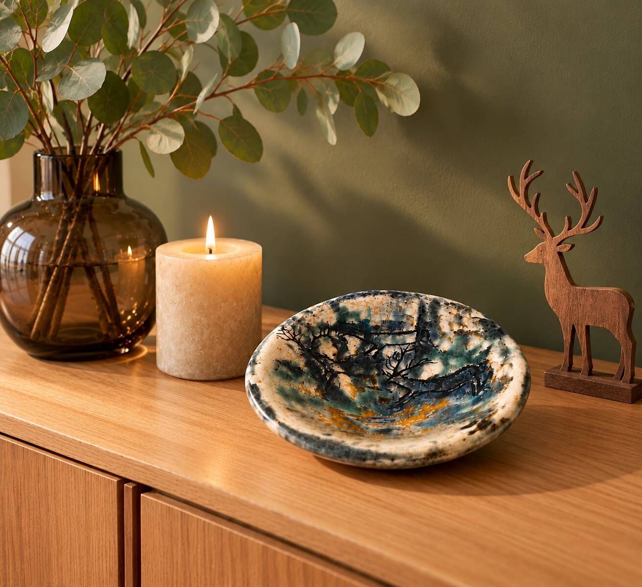 Glazed ceramic cup – Deer in the forest – Incised decoration and free form