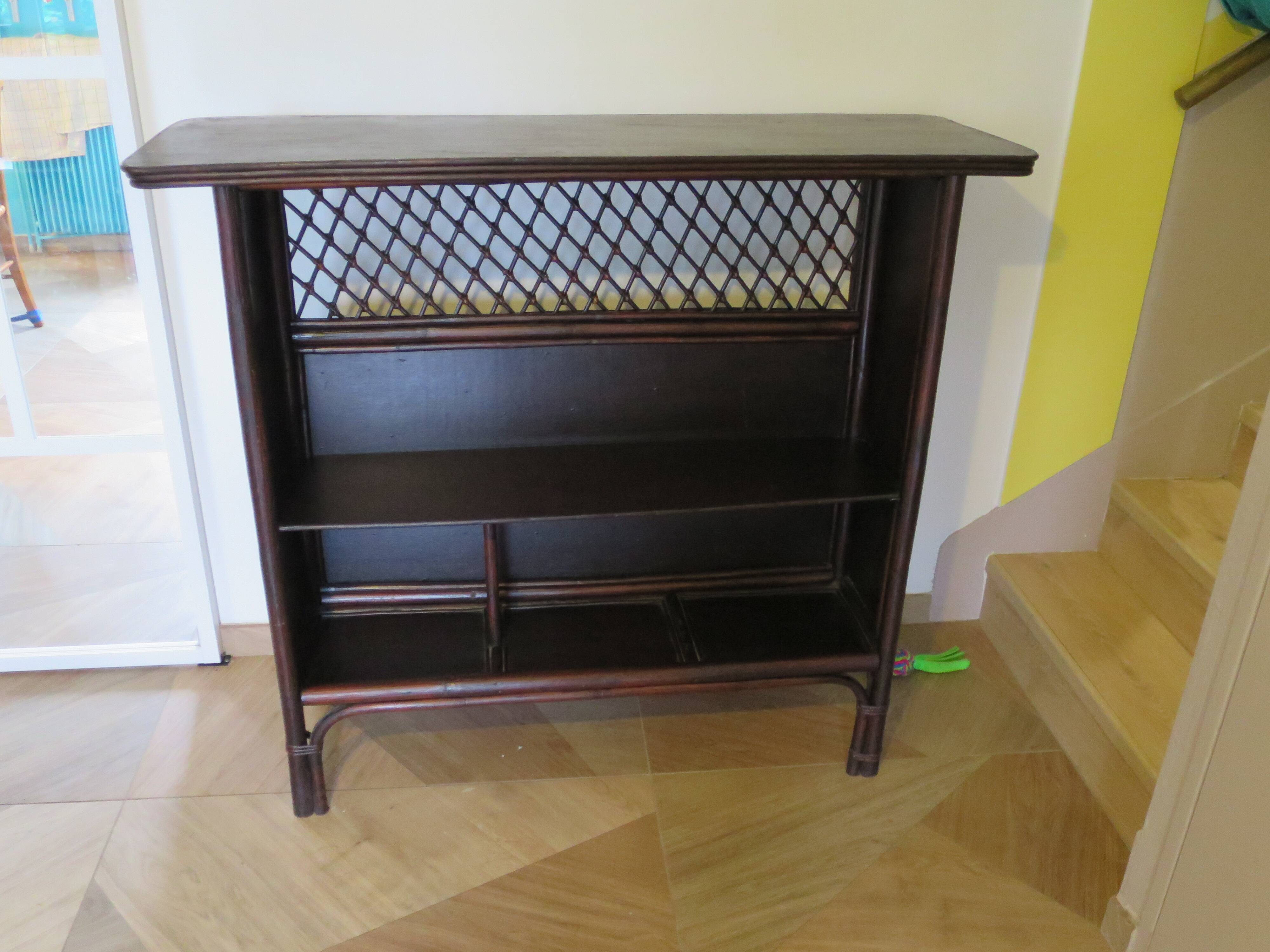 Rare vintage bar cabinet shelf wood woven rattan 80s retro