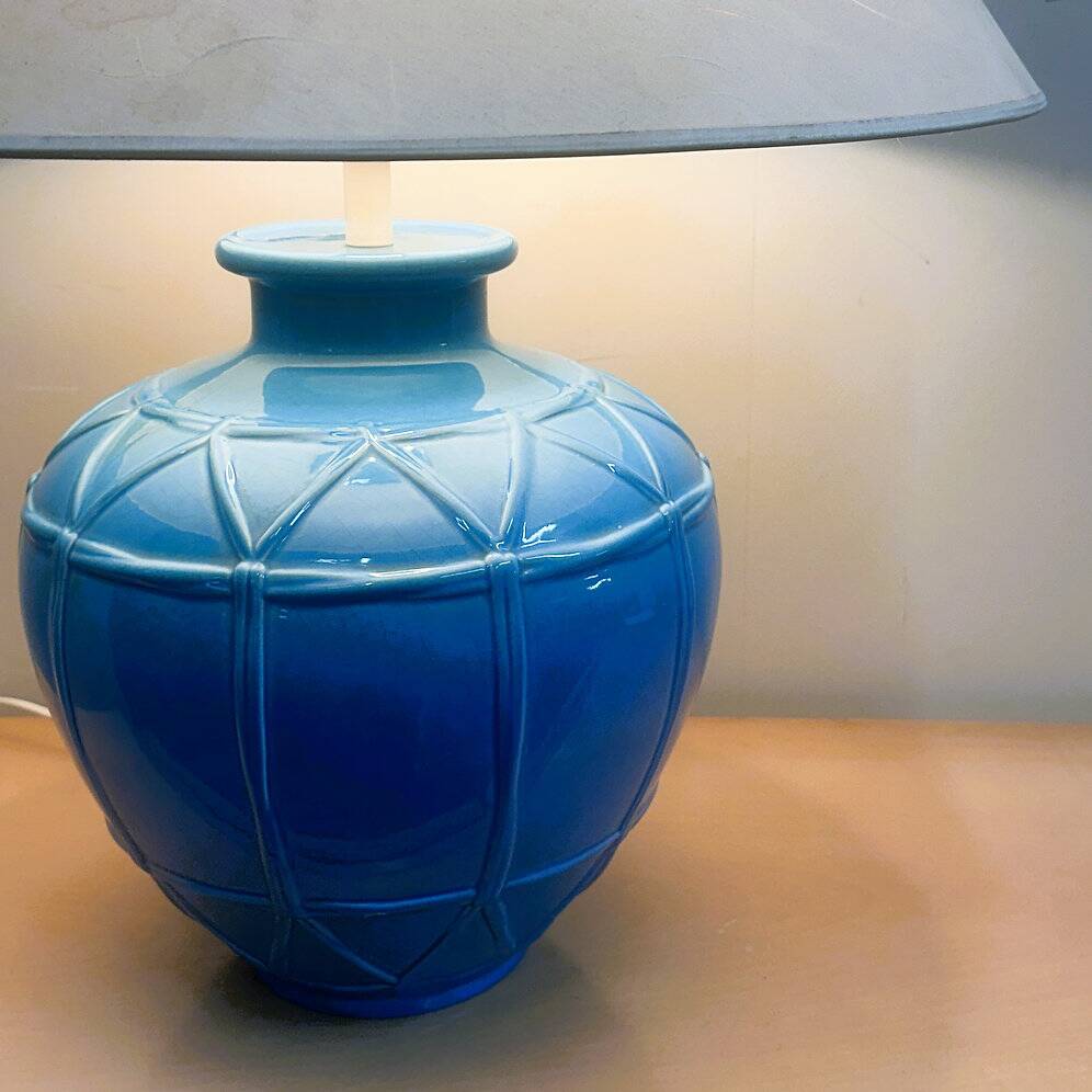 Louis Drimmer French ceramic lamp – blue glazed base, 1980s, France
