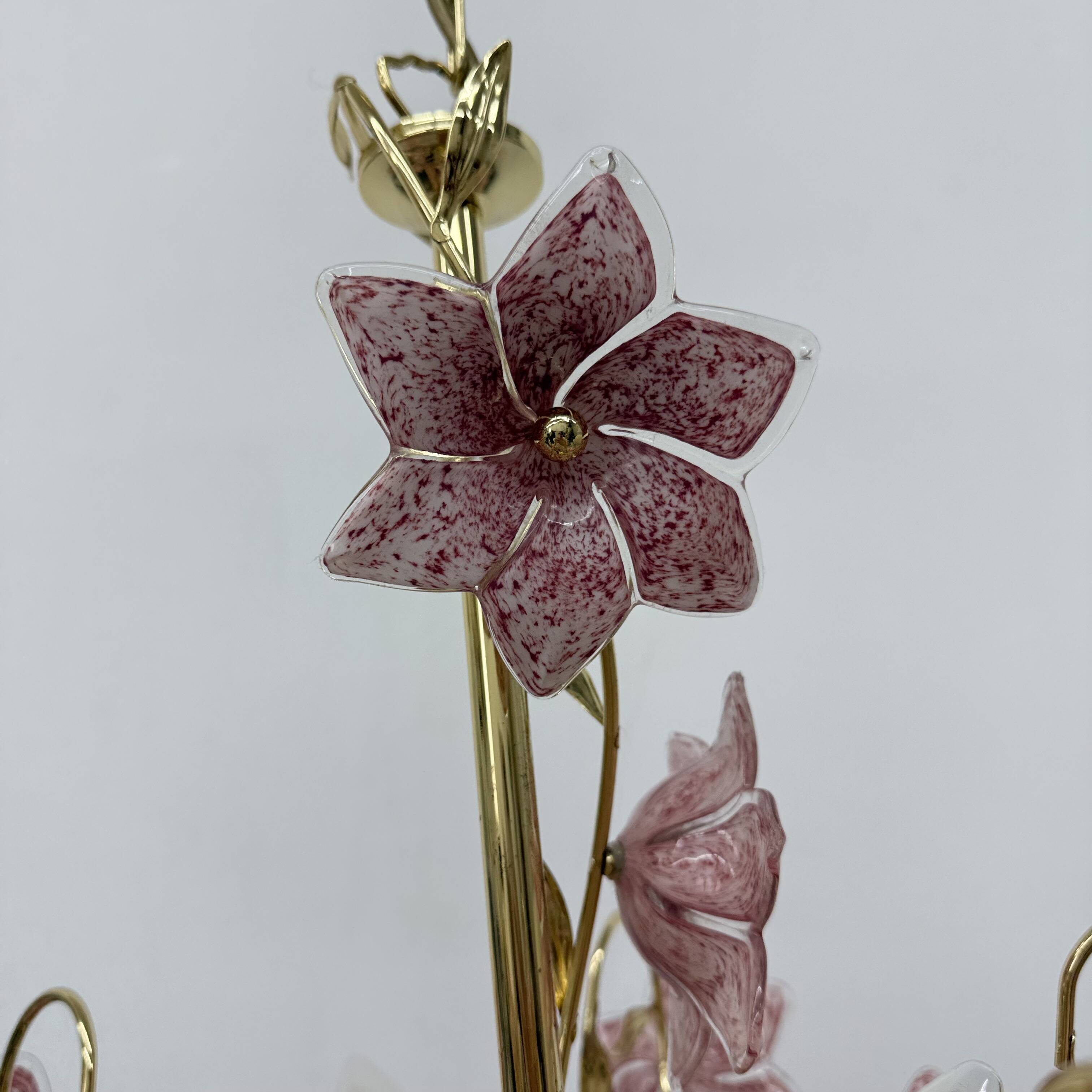Chandelier with mourn glass pink flowers , 1970s