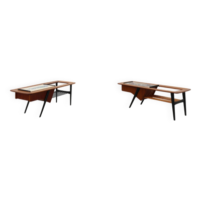 2 tables basses '210', bois de teck et céramique, par Alfred Hendrickx, Belform