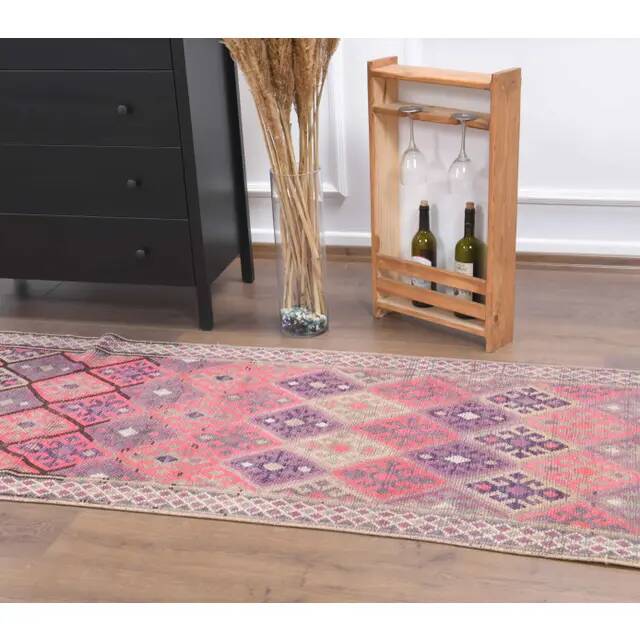 1970s vintage Turkish hand-knotted wool cotton pink runner rug 87x395