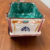Vintage Italian hand-painted sculpture of a donkey with a cart in the shape of a bowl from Deruta, Italy.