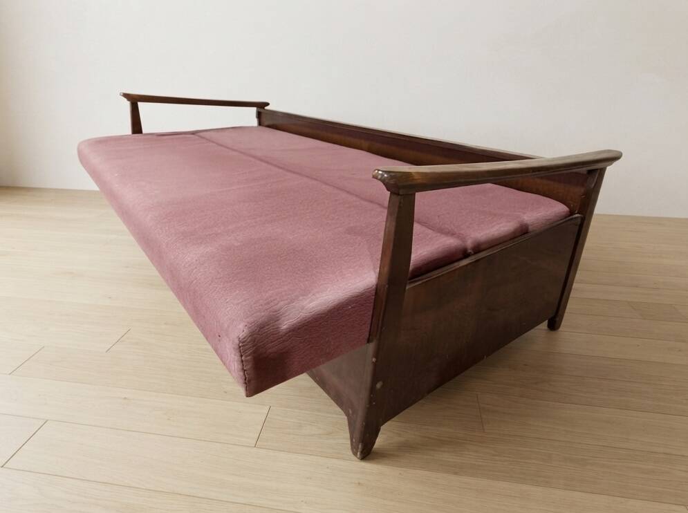 Burgundy folding sofa bed by Edmund Homa, mid-century modern, 1960s, Czechoslovakia, 200 × 88 × 80 cm