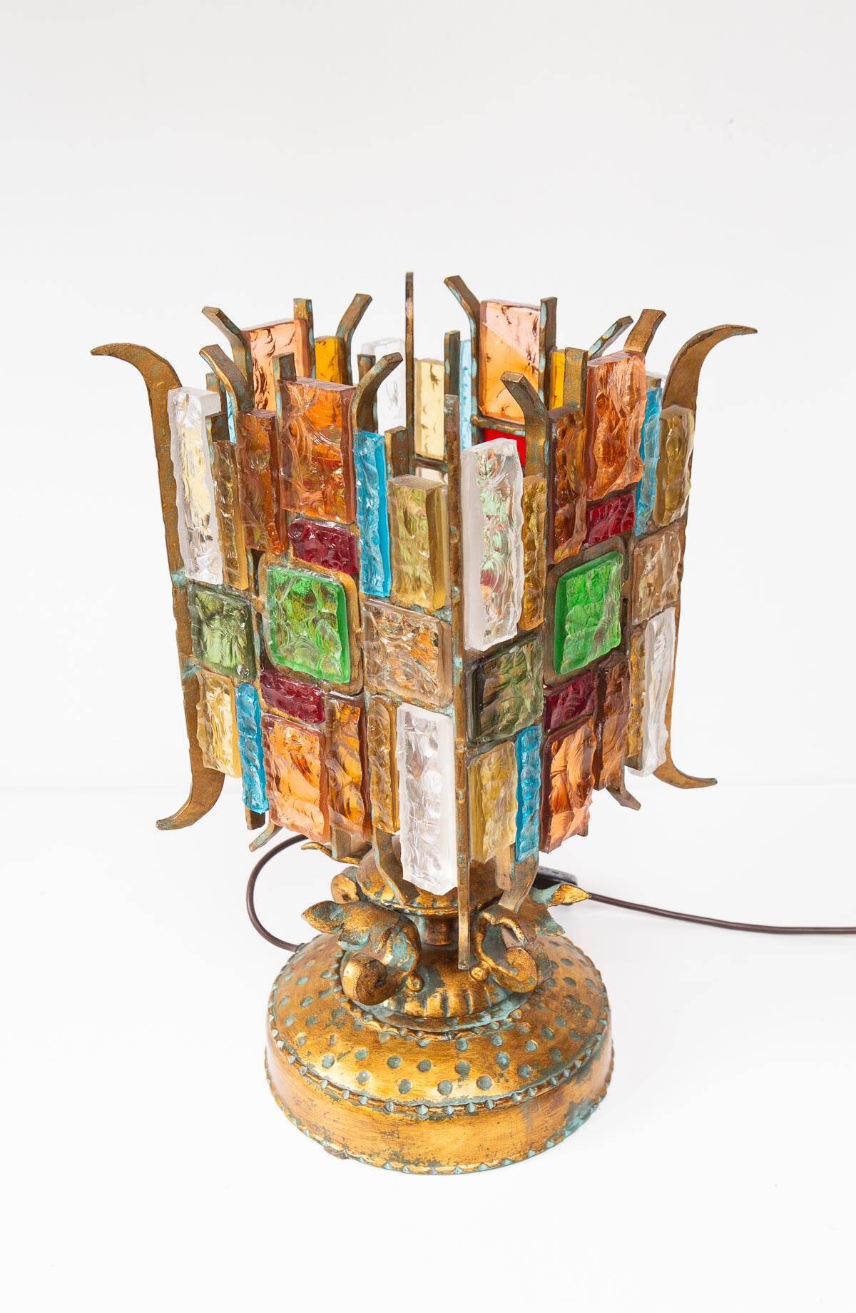Lampe de table italienne fer forgé et verre de Murano par Longobard, 1908s