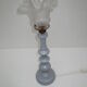 Ancienne lampe de table, pied en bois tourné gris galet et tulipe en verre