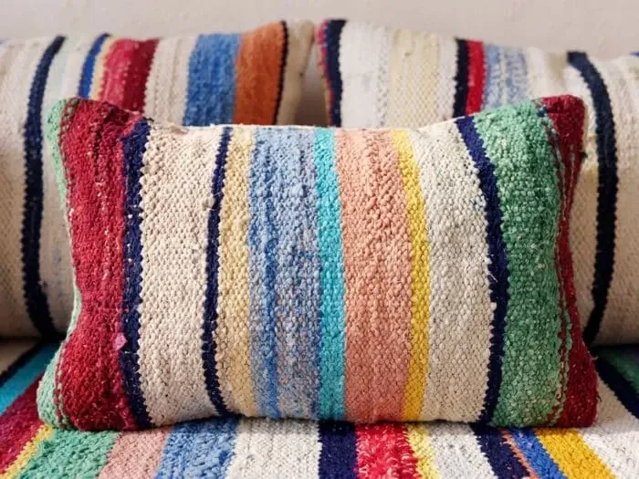Multicoloured bohemian floor cushion – Handwoven striped recycled cotton