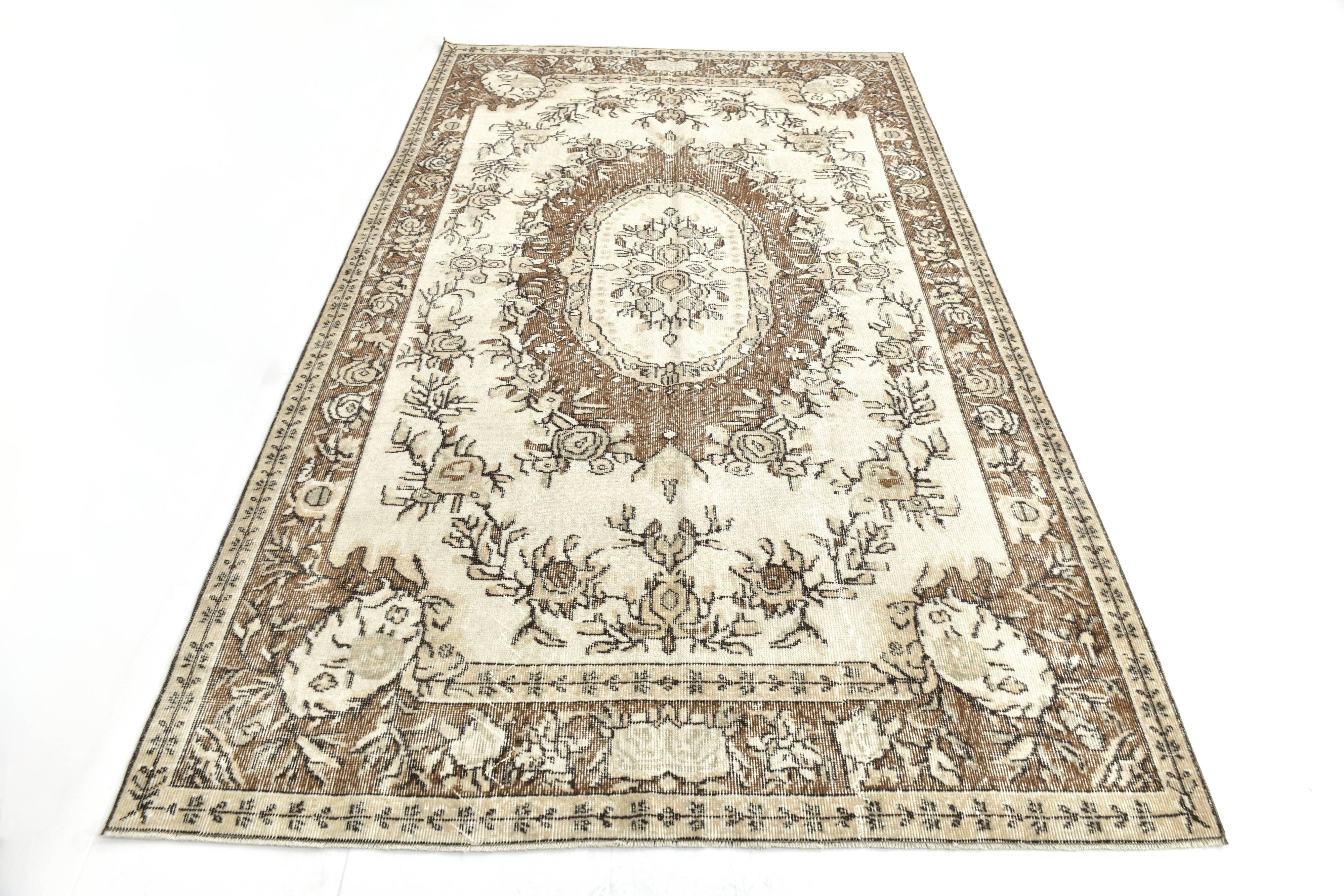 6x10 Turkish Cream & Brown Oriental Vintage Rug, 177x296Cm