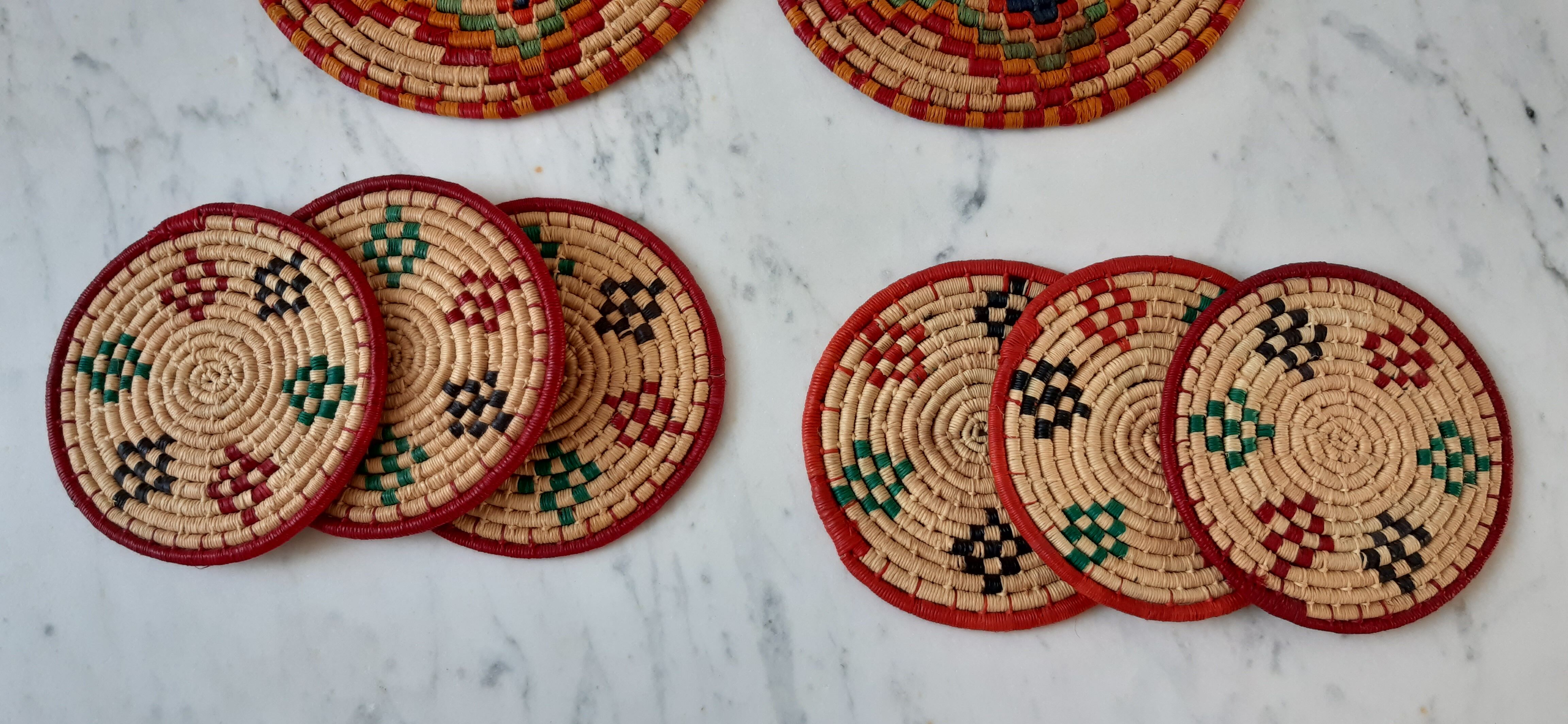 Set of bottle underwear and coasters in wicker / rope 70s