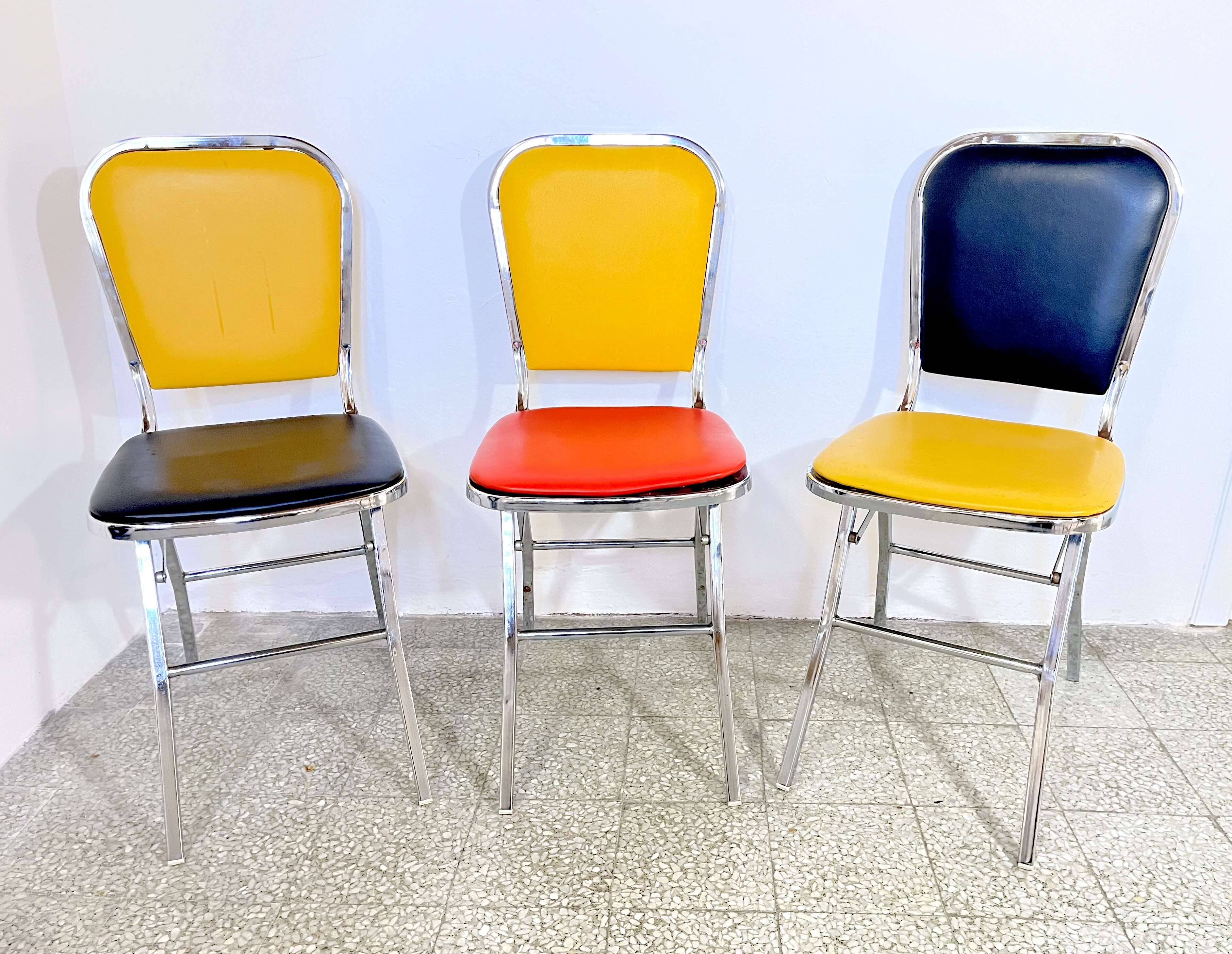 3 chrome & faux leather folding chairs, Elio Zema, Italy 1980s