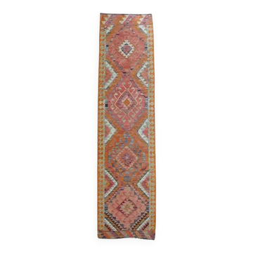 1970s Vintage Turkish Oushak Handmade Wool Cotton Pink Runner Rug  96x268