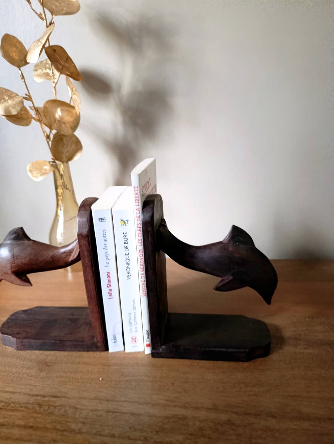Wooden bookends in the shape of dolphins, vintage 1970.