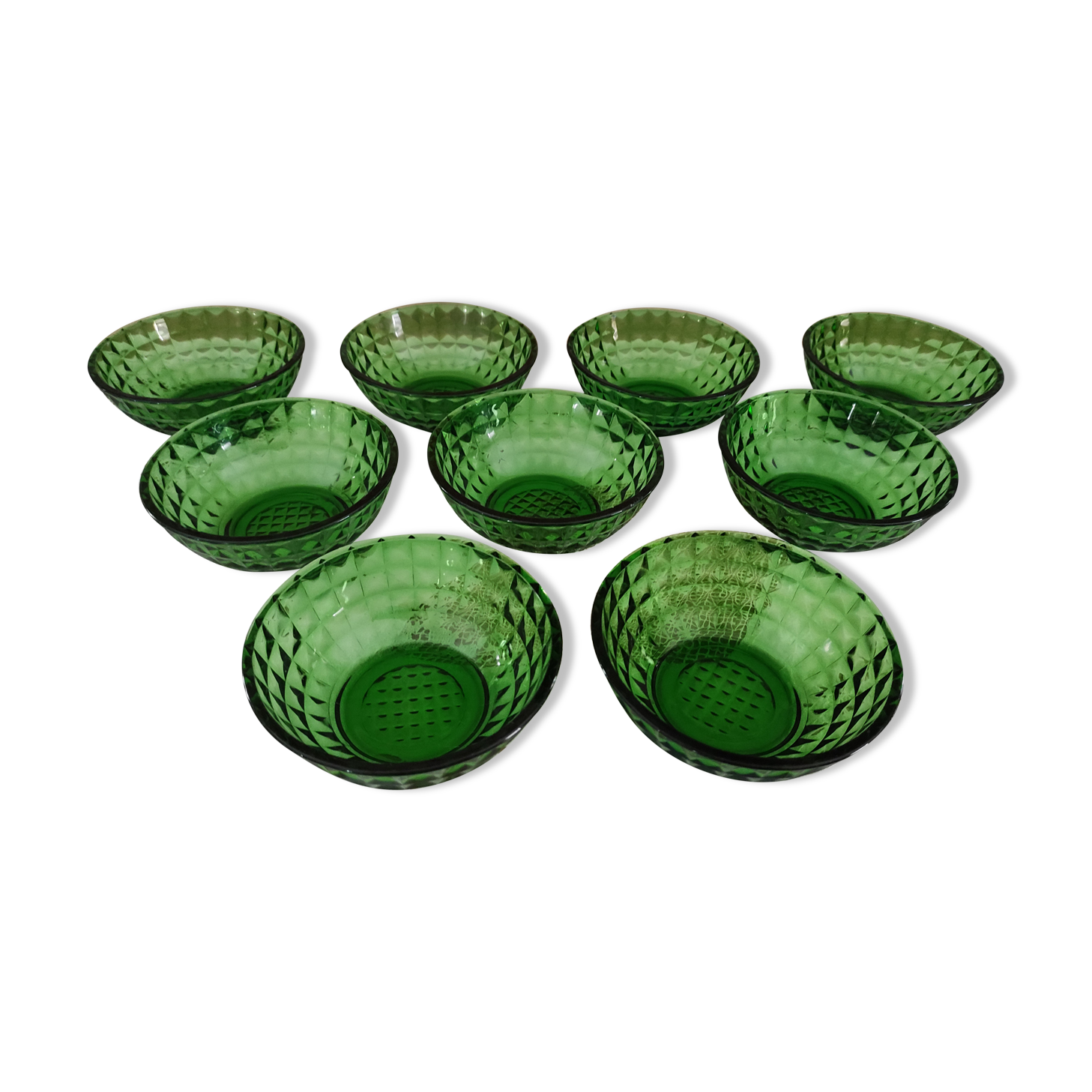 Lot de 9 coupelles en verre vert bouteille facetté