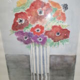 Ancienne aquarelle sous verre, bouquet de fleurs