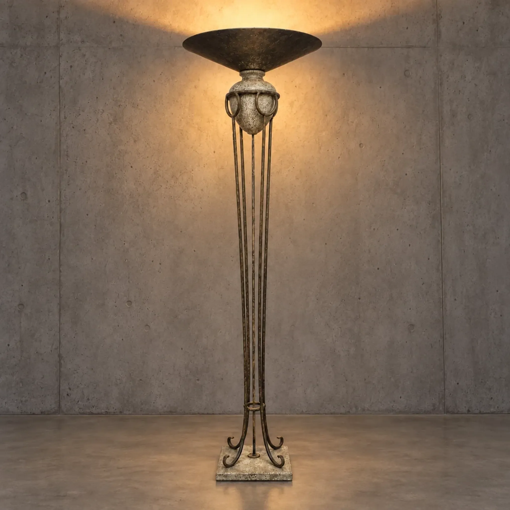 Neo classic forged floor lamp / metal shade / stone base / 1970s