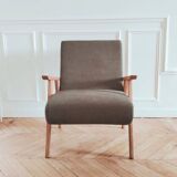 Renovated armchair, Scandinavian style in wood and green fabric.