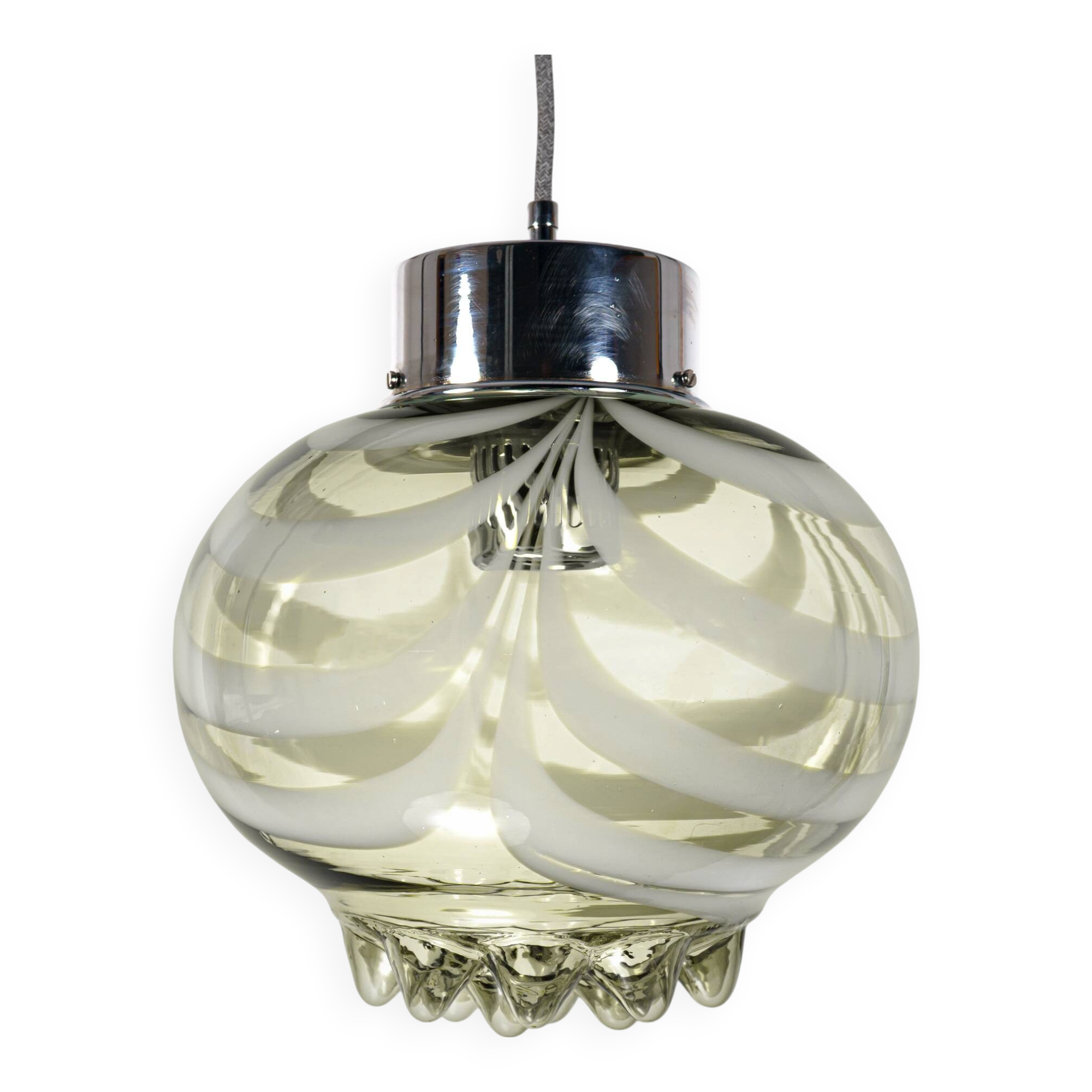 1970s Smoke Grey Textured / Striped Murano Italian Glass Pendant Lamp