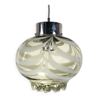 1970s Smoke Grey Textured / Striped Murano Italian Glass Pendant Lamp