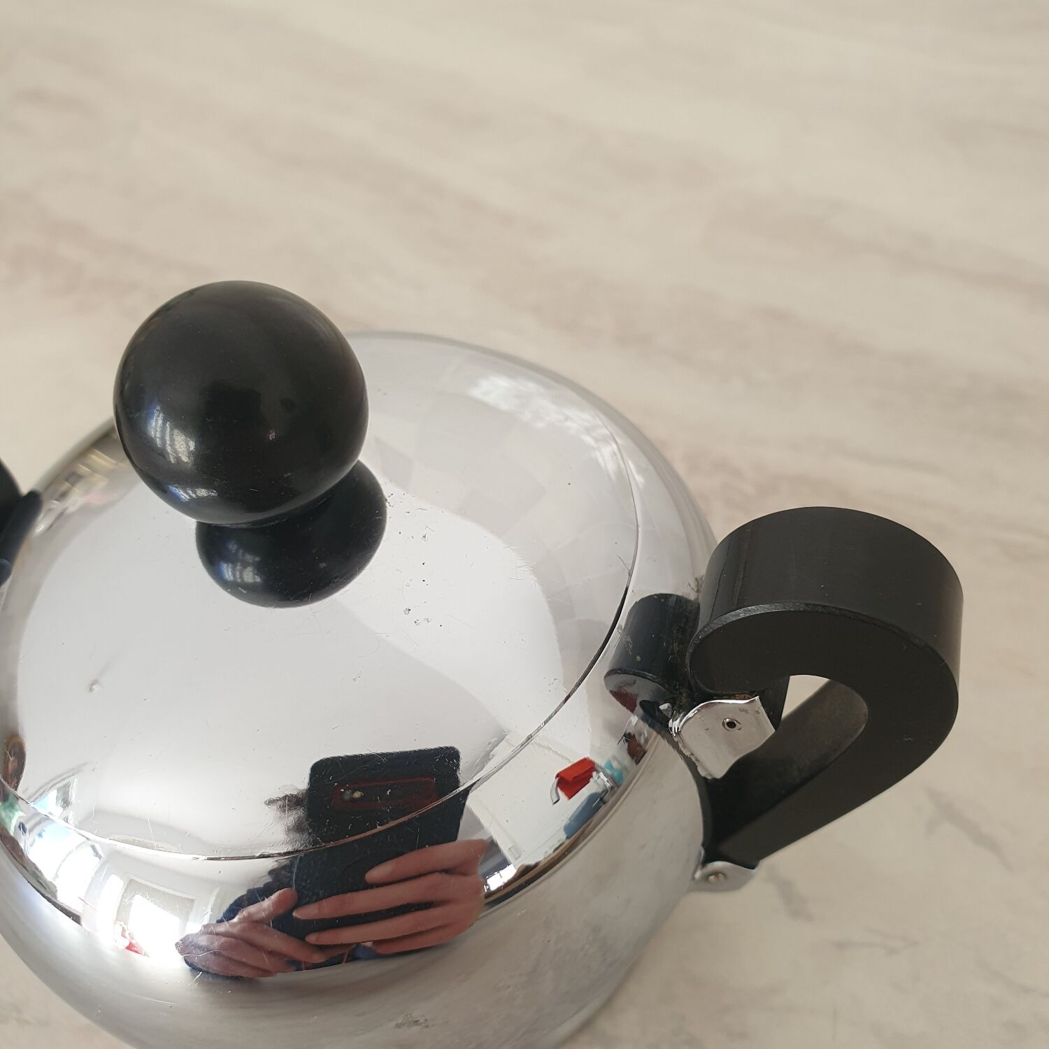 Alessi / Stainless steel and bakelite sugar bowl, "Bombé" collection
