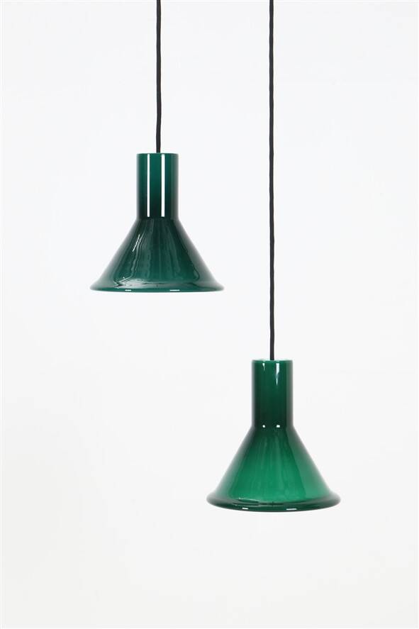 2 suspensions “Mini P&T" en verre vert Holmegaard Michael Bang, années 1970