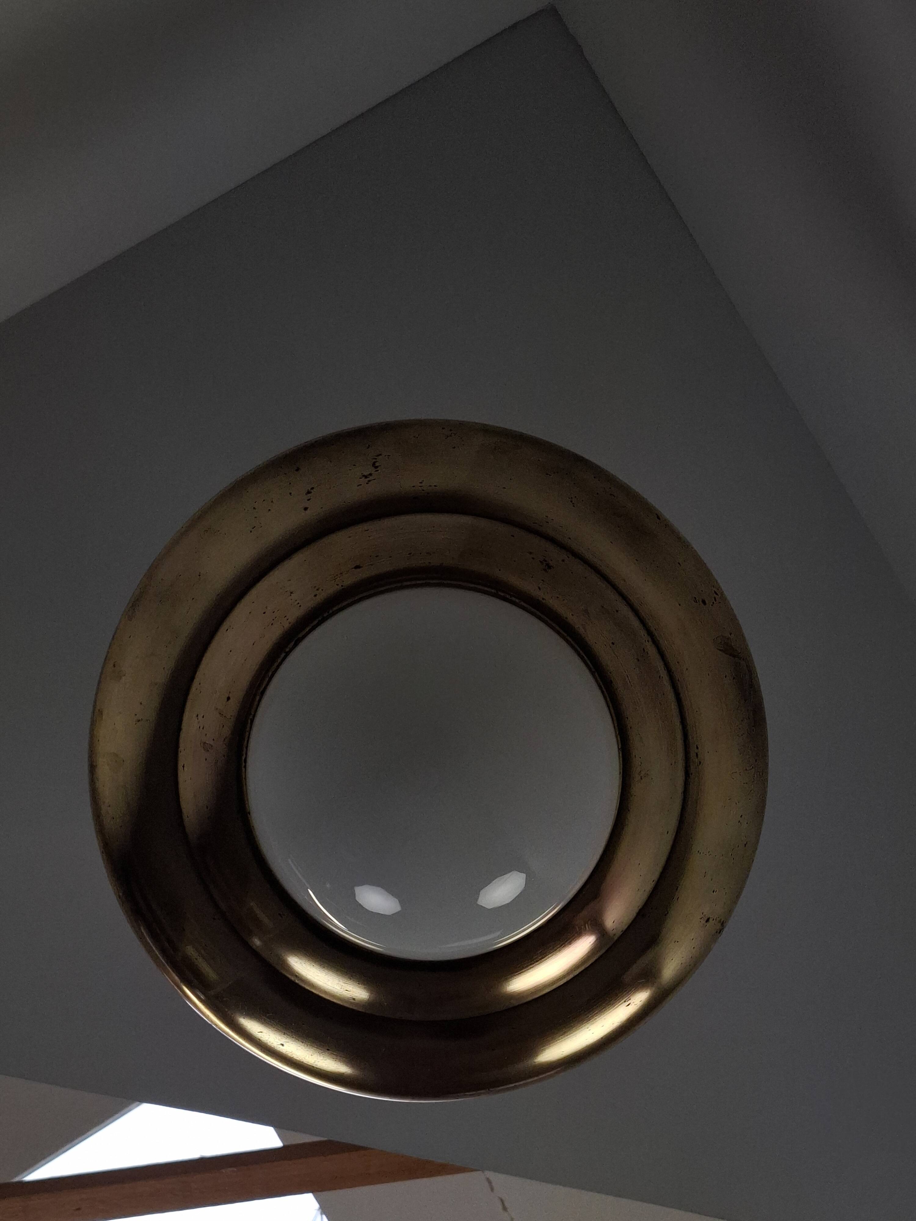 1920 Czechoslovak Art Deco Brass and Opaline Glass Pendant Lamp, Napako 134