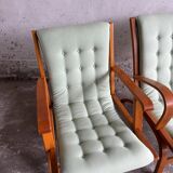 Set of 2 Vintage Mint Green Upholstered Lounge Chairs with Honey Wood Frames