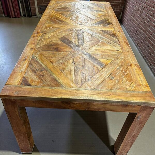 Table XL vintage en bois avec marqueterie