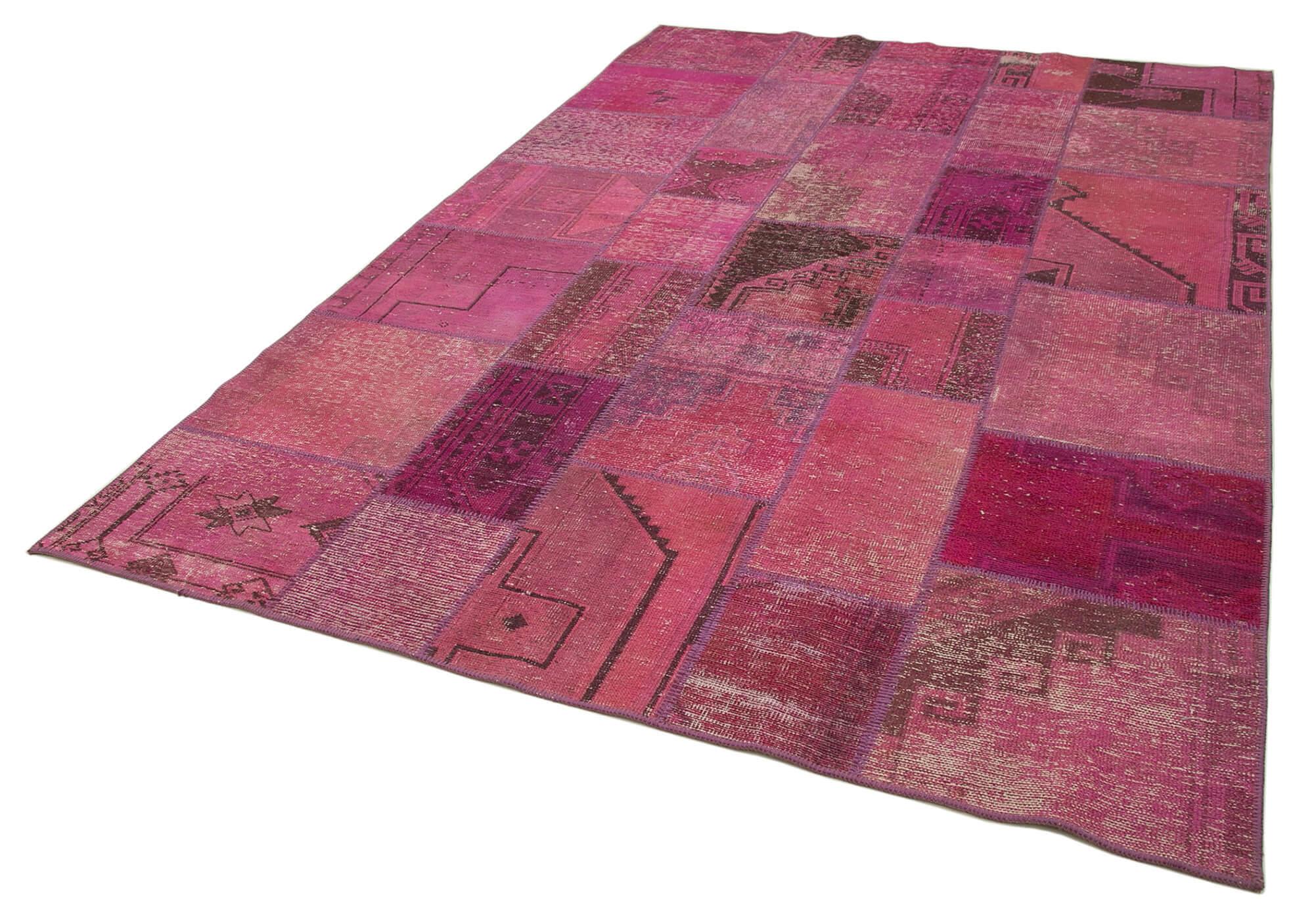 Handwoven oriental overdyed 196 cm x 299 cm pink patchwork carpet