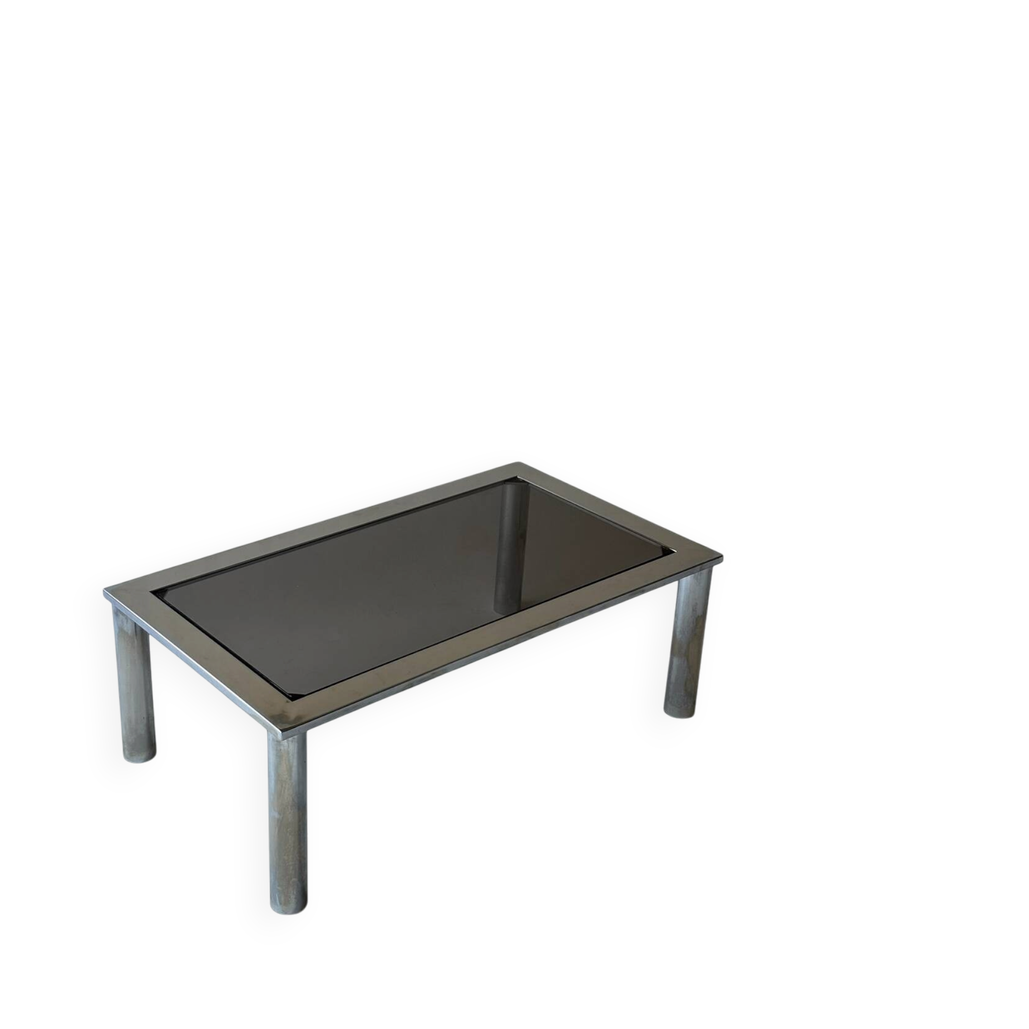 Chrome metal and smoked glass coffee table, 1970.