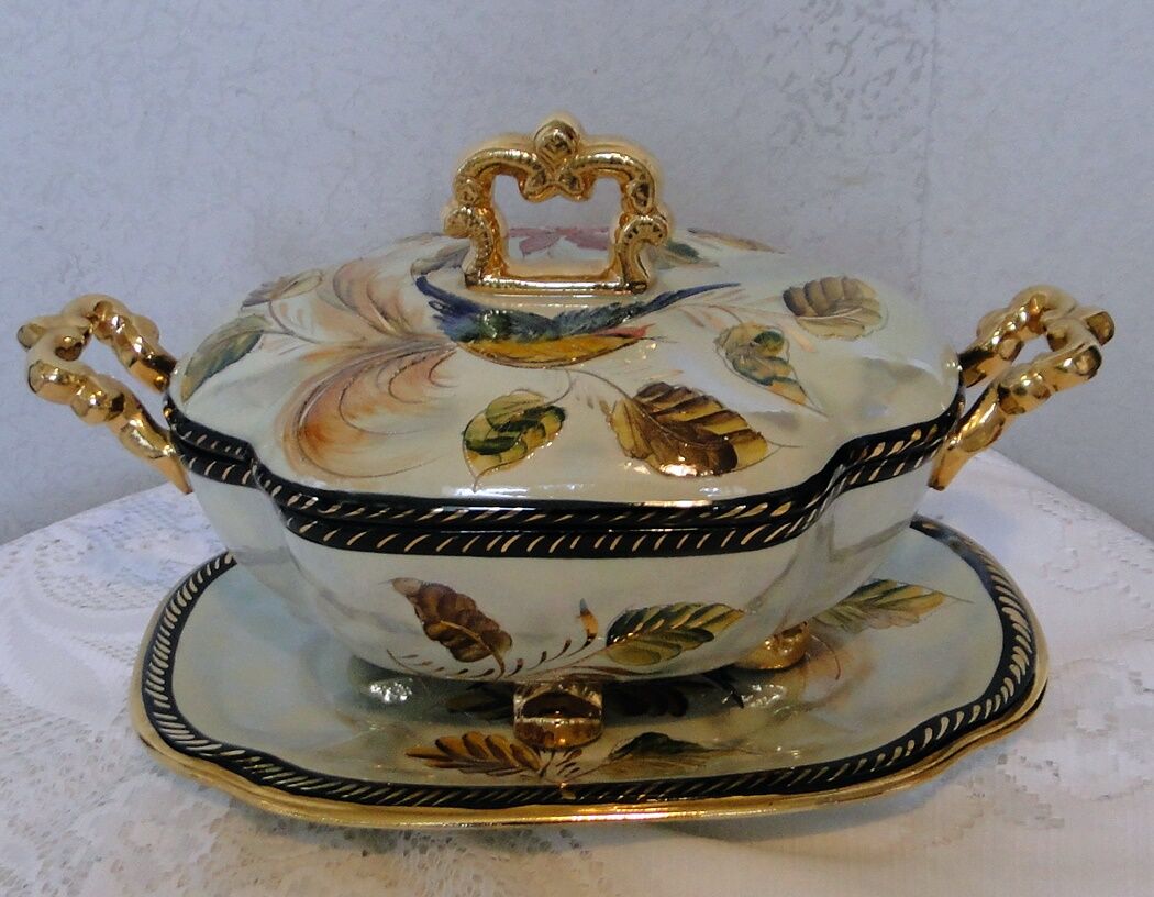 Vegetable soup tureen with old barbotine porcelain dish H.Becquet quarqueron
